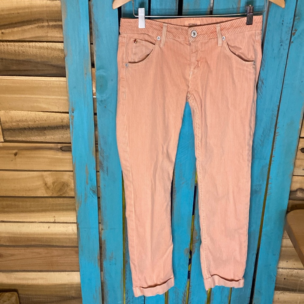 Hudson Bacara crop straight cuffed jeans pink with gray pinstripes made in USA